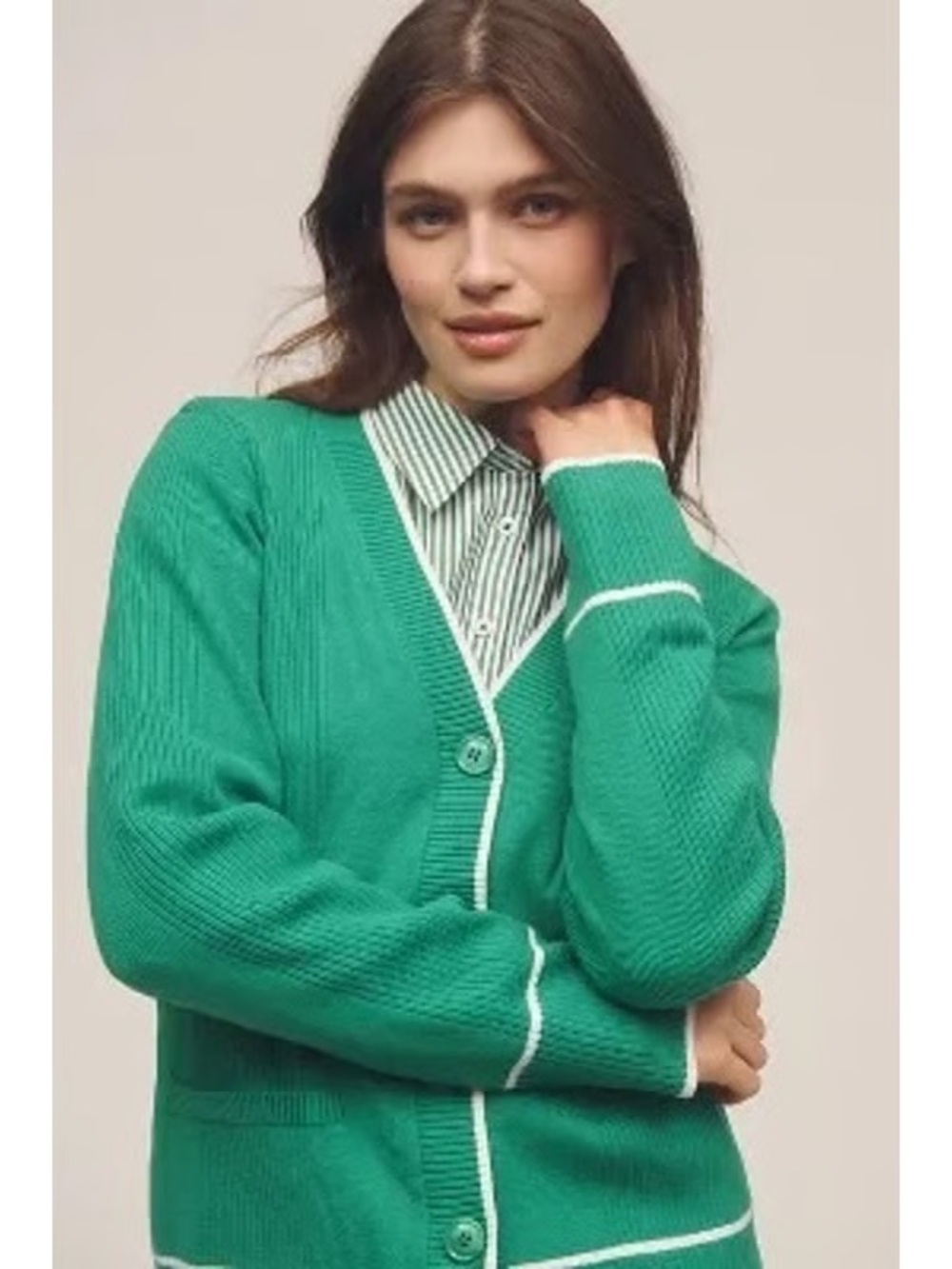 Maeve Anthropologie Womens Button Down Cardgian Green White Size 2X Plus EUC - Picture 2 of 8